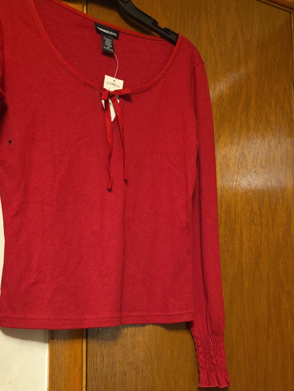 Express Red Long-Sleeve Tie-Neck Knit Top